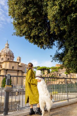 Roma 'nın göbeğinde bir kadın köpeğiyle yürüyor.