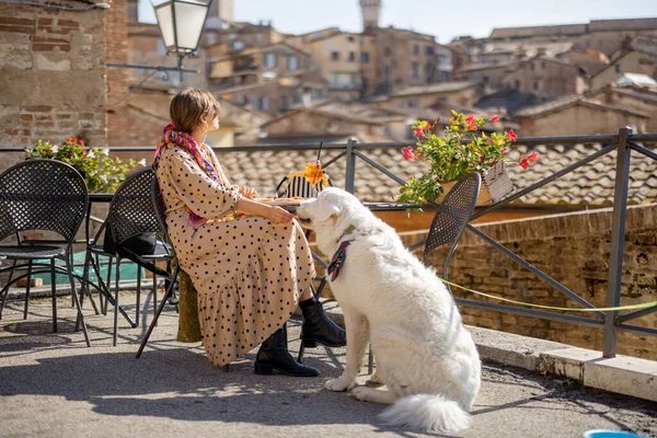 이탈리아 시에나에서 식당에 앉아 개를 키우는 여성 — 스톡 사진