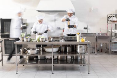 Aşçılar profesyonel mutfakta çalışıyor.