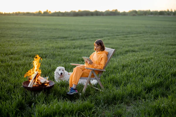 日落时分 年轻人坐在壁炉边的椅子上 用数码设备与宠物一起在绿地上放松 关于自然和自由职业的娱乐概念 — 图库照片