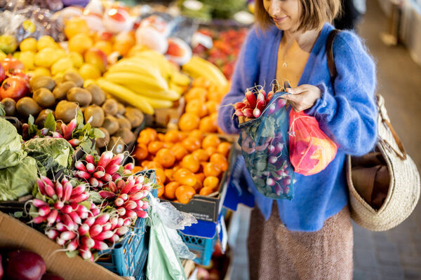 Woman Takes Bunch Radishes Counter Buying Fresh Vegetables Fruits Local Royalty Free Stock Photos