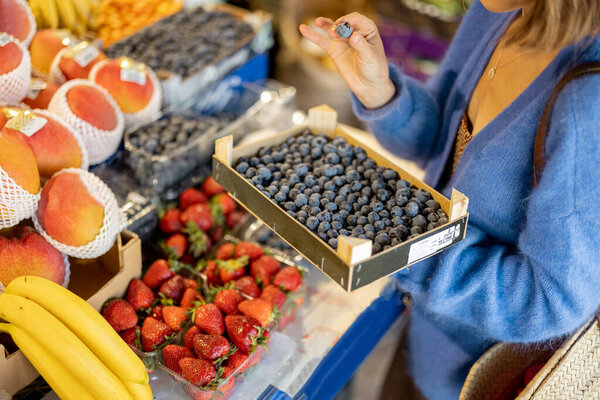 Woman Holds Box Full Blueberries While Buying Fresh Food Local Royalty Free Stock Images