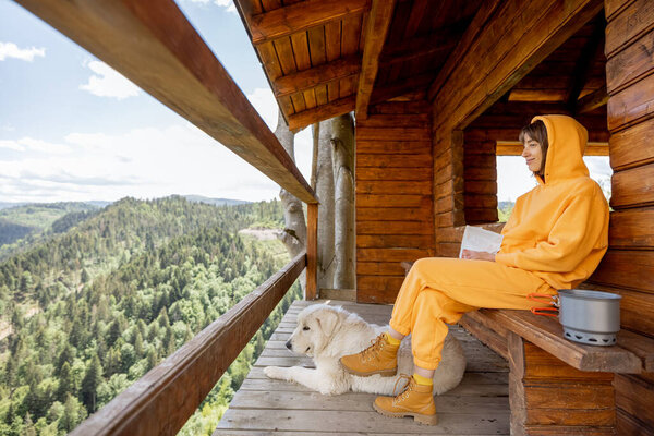 Young Person Orange Sport Suit Enjoys Great Mountain Landscape While Stock Image