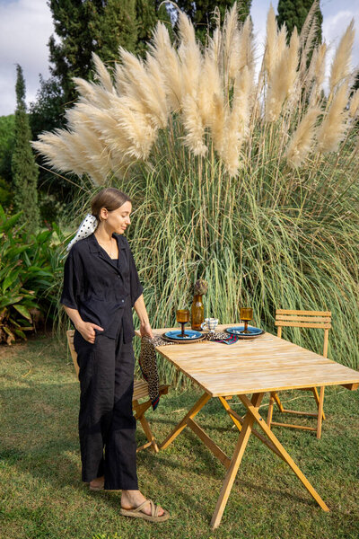 Woman Preparing Lunch Garden Standing Served Table Beautiful Pampas Grass Stock Photo