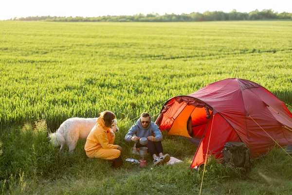一对年轻夫妇正在做饭 夏天和一只狗一起在绿地上的营地里度过 男人和女人带着大自然的帐篷旅行 — 图库照片