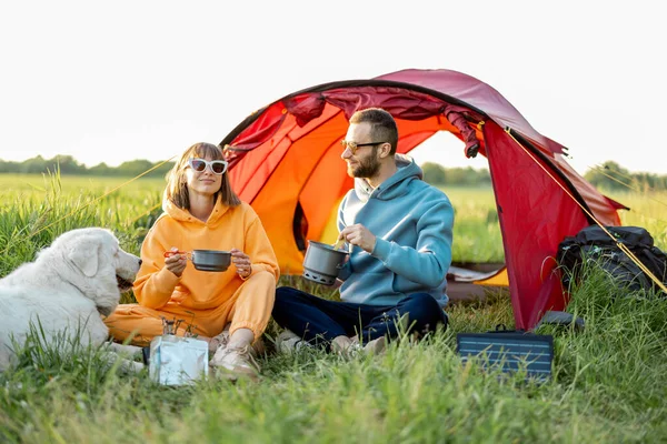 一对年轻夫妇正在做饭 夏天和一只狗一起在绿地上的营地里度过 男人和女人带着大自然的帐篷旅行 — 图库照片