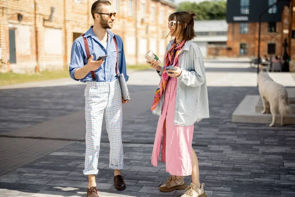 Young Stylish Couple Have Some Conversation While Walking Together Coffee —  Fotos de Stock
