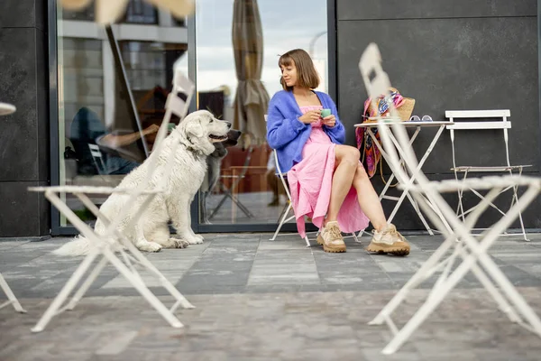 Mujer Joven Elegante Sienta Con Lindo Perro Adorable Cafetería Una —  Fotos de Stock