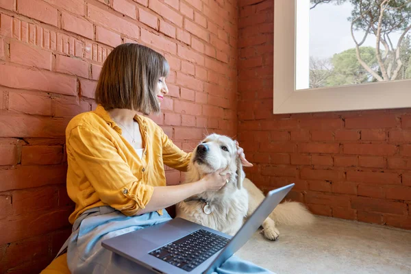 Genç Bir Kadın Dizüstü Bilgisayarda Çalışırken Sevimli Köpeğiyle Evde Tuğla — Stok fotoğraf