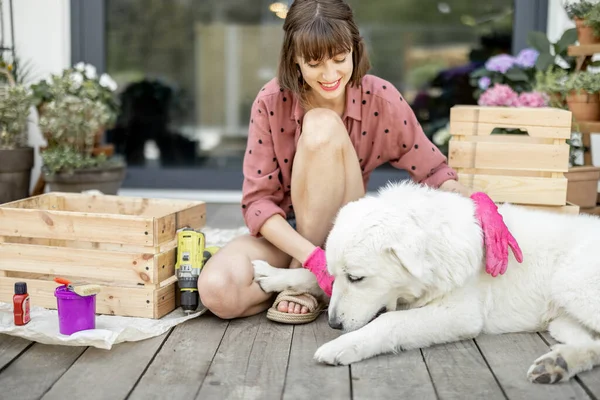 Young Cheerful Housewife Makes Wooden Boxes While Sitting Her Dog — Stock Photo, Image