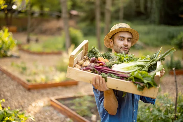 Portrait Handsome Farmer Straw Hat Carrying Shoulder Box Full Freshly —  Fotos de Stock