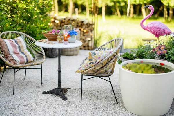 View Beautiful Cozy Garden Coffee Table Fountain Flamingo — Stok fotoğraf