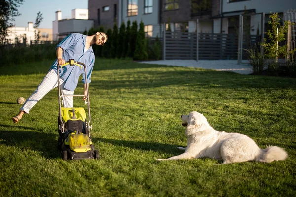 Homem Brinca Com Cão Enquanto Move Gramado Com Cortador Grama — Fotografia de Stock
