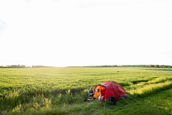 緑の畑のキャンプ場で犬と夏の時間を過ごすカップル 夕日の美しい湿地帯の広い景色 男と女は自然の中でテントと一緒に旅行 — ストック写真