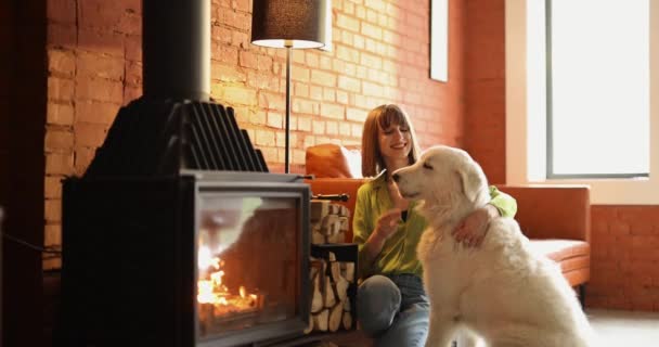 若い女性は彼女の白い愛らしい犬に餌を与え 自宅の暖炉のある居心地の良いリビングルームで一緒に時間を過ごします ペットとの友情の概念 — ストック動画