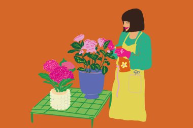 Çiçekçi ya da önlüklü ev kadınının vektör çizimi arka plandaki çiçeklerle ilgilenir