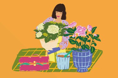 Çiçekçi ya da önlüklü ev kadınının vektör çizimi arka plandaki çiçeklerle ilgilenir