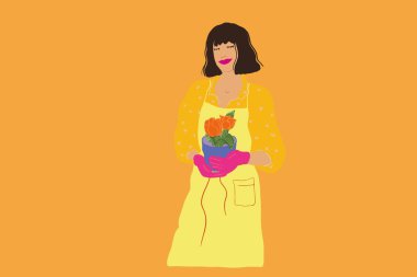 Önlüklü genç bir kadının portresi çiçek saksısıyla arka planda durur. Vektör illüstrasyonu