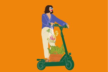 Woman drives on electrical scooter with mesh bag full of vegetables. Vector illustration