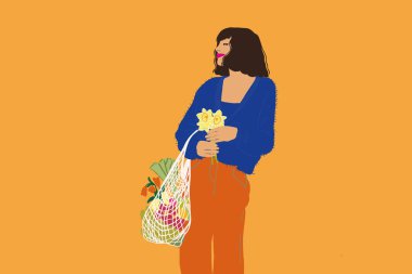 Vector illustration of beautiful woman with flower and bag full of fresh vegetables on background