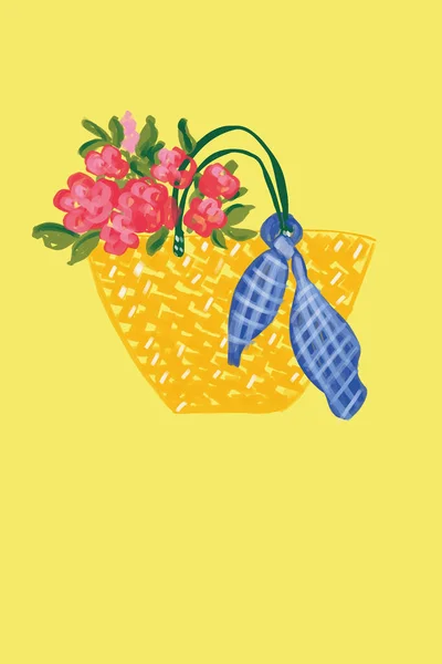 Straw Bag Flowers Scarf Background Vector Illustration — Vettoriale Stock