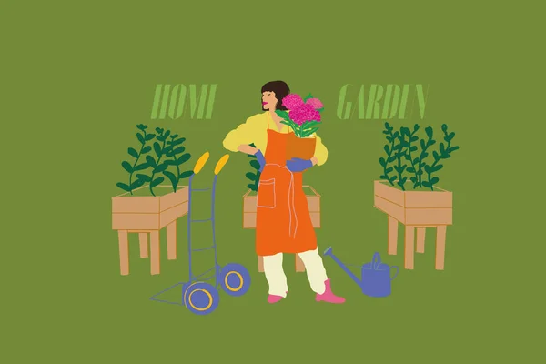 Woman Growing Plants Home Garden Vector Illustration Female Gardener Green — Vetor de Stock