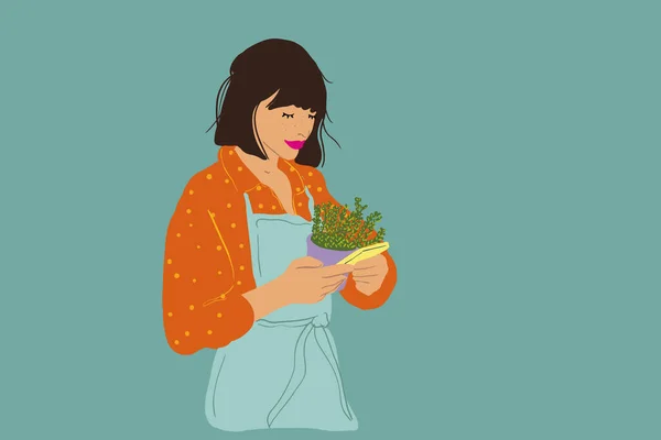 Young Housewife Apron Stands Flower Using Phone Background Vector Illustration — Διανυσματικό Αρχείο