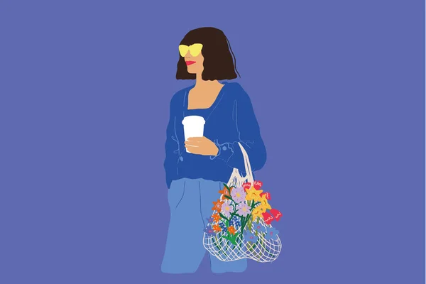 Portrait Stylish Woman Stands Mesh Bag Full Blossom Flowers Coffee — Vetor de Stock