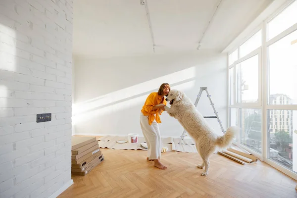 Young Woman Plays Her Dog Room While Making Repairing Apartment — Fotografia de Stock