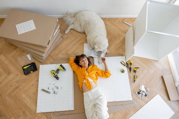 Young Happy Woman Lies Floor Her Cute Dog Resting While — Stockfoto