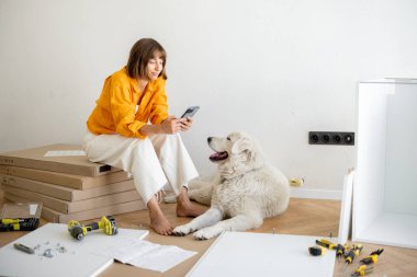 Young woman sits with her cute dog, using phone during repairing at new apartment. Assembling furniture by herself. DIY concept