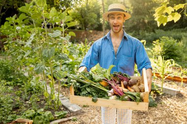 Portrait of young male farmer holds box of freshly picked vegetables while standing at local farmland. Concept of organic food grown and sustanable lifestyle