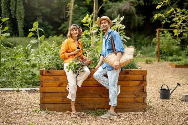Stylish Couple Talk While Standing Together Freshly Picked Vegetables Home — Stockfoto
