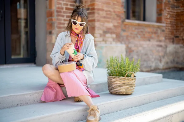 Young Stylish Woman Has Coffee Break While Sitting Office Building — Photo