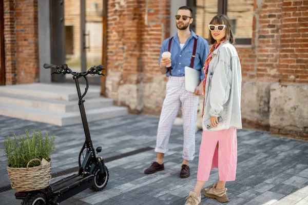 Young Stylish Colleagues Meet Together Standing Electric Scooter Office Outdoors — 图库照片