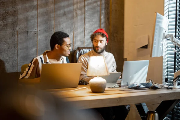 Two Men Different Nationality Working Computers Sitting Together Cozy Home — Stock Photo, Image