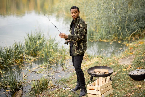 Portrait Hispanic Man Fishing River Lake Coast Autumn Season Concept — Stock fotografie