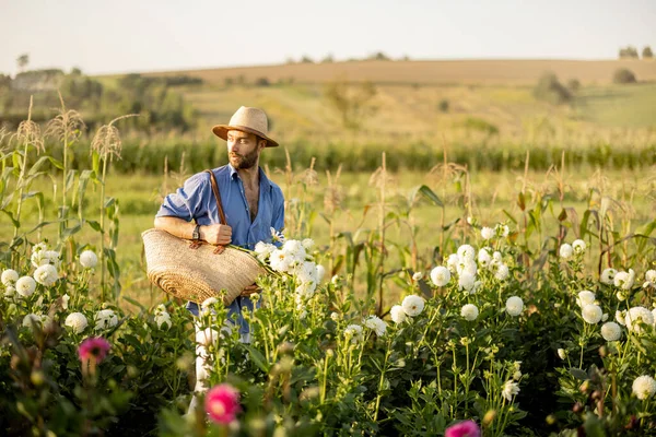 Handsome Man Hat Farmer Carries Bag Full Freshly Picked White — Stok fotoğraf