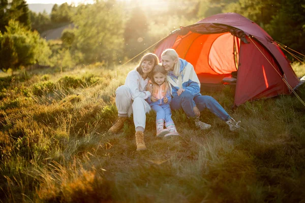 Two Adult Women Hug Little Girl Have Lovely Conversation Campsite — Photo