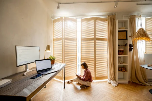 Woman Sits Floor Window Digital Tablet Resting Work Computers Cozy — Foto de Stock