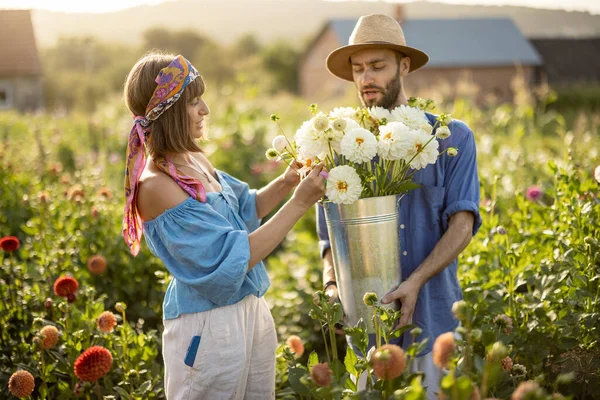 Portrait Cheerful Man Woman Stand Farmers Buckets Full Freshly Picked — Stockfoto