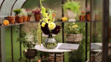 Serada, üzerinde sisli camlar olan vazoda duran bir buket çiçek. Rahat bir yer, çiçek konsepti.