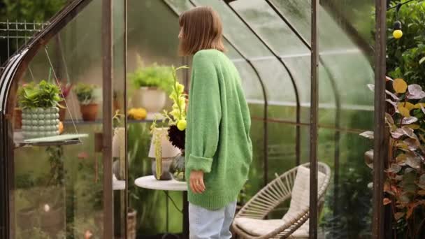Bir Kadın Arka Bahçesinde Çiçekleri Bitkileri Olan Güzel Bir Cam — Stok video