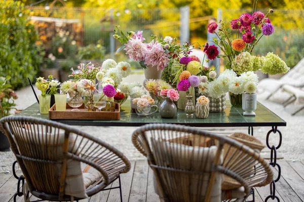 Massor Olika Finfördelade Blommor Vaser Bordet Utomhus — Stockfoto