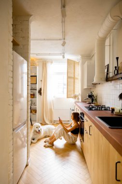 Woman uses smart phone while sitting with her dog in kitchen. Interior view on modern and stylish kitchen in beige tones. Domestic lifestyle concept