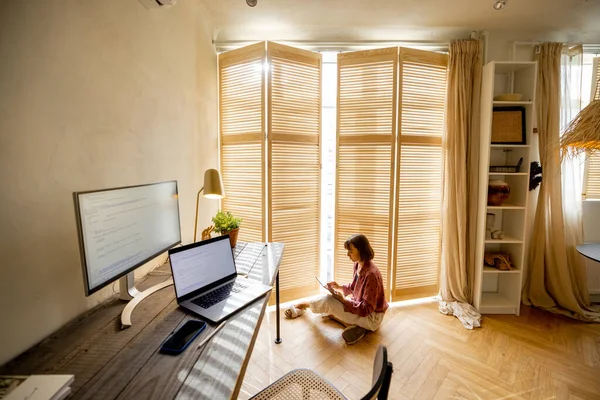 Woman Sits Floor Window Digital Tablet Resting Work Computers Cozy — Stockfoto