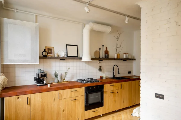 Stylish Kitchen Interior Modern Apartment Made White Beige Tones Wooden — 图库照片
