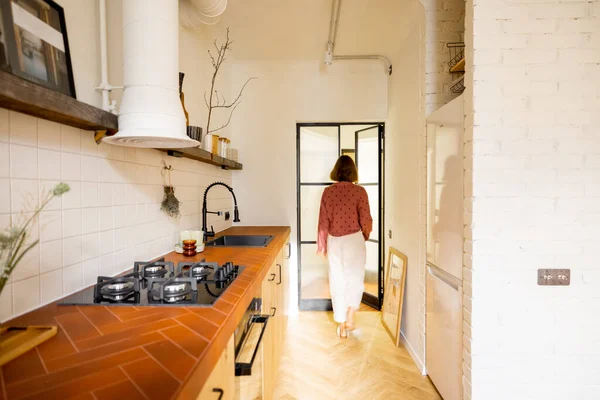 Stylish Kitchen Interior Modern Apartment Motion Blurred Female Person Walking — 图库照片