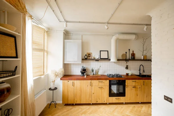 Stylish Kitchen Interior Modern Apartment Made White Beige Tones Wooden — Photo