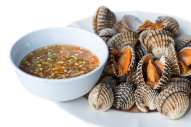 삶은 신선한 혈액 새 조개 무리 포탄 